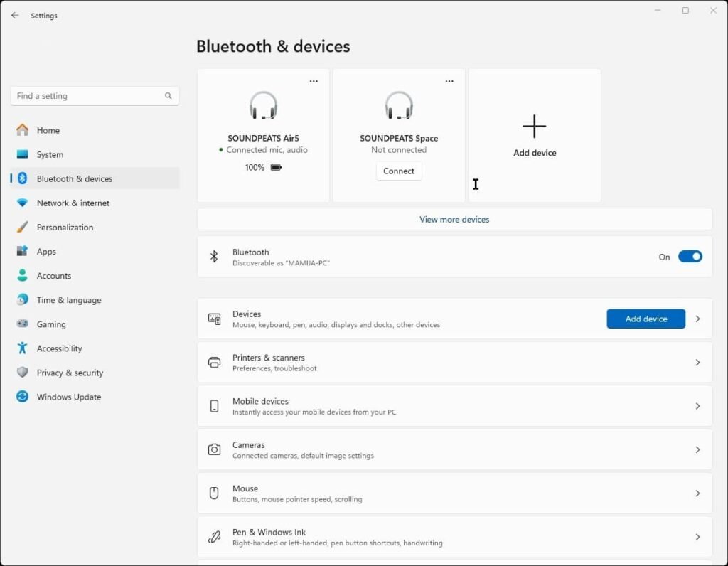 Once SoundPEATS appears in the list, click to pair. After a moment, your PC should show the earbuds as connected.