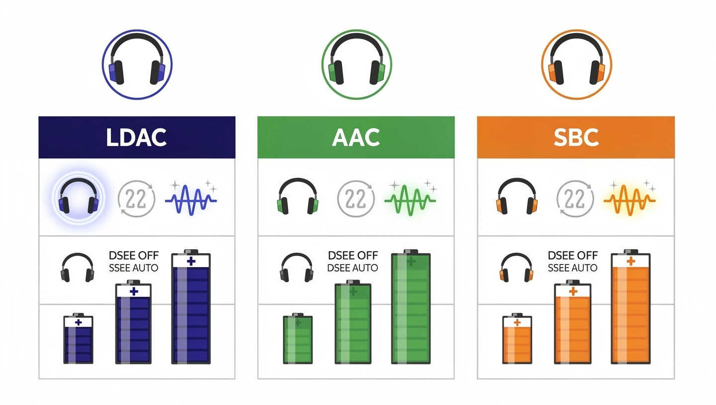 LDAC battery life vs AAC and SBC